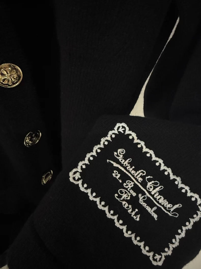 Chanel 25B Black Cashmere Knit Cardigan with Gold Buttons and Multi-Element Design