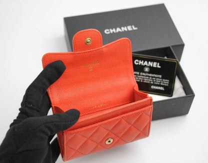 Chanel 2016 Authentic Caviar Quilted Orange Red Flap Card Holder Leather Wallet