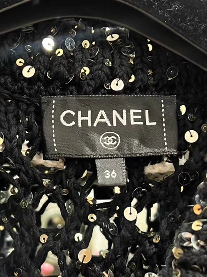 Chanel 23S Pearl Button Black Sequined Jacket