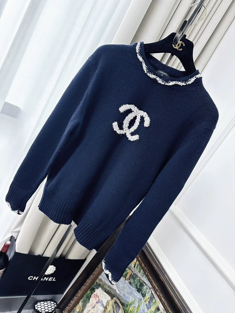 Chanel 21P Navy Blue and Pink Logo Long-Sleeve Sweater