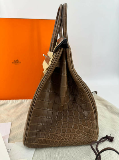 Hermès Birkin 35 Gris Éléphant Matte Niloticus Crocodile with Palladium hardware