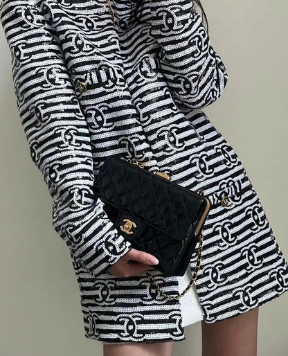 Chanel 22S Runway Sequin CC Logo Black and White Jacket FR 40