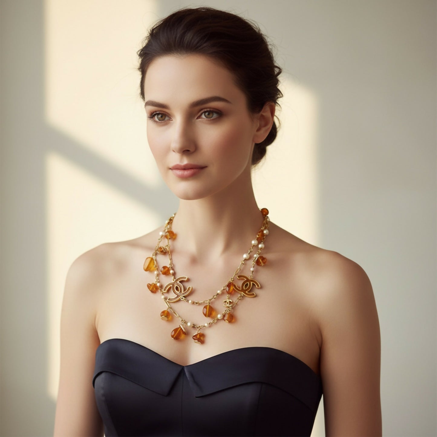 Chanel 11C Runway Amber Orange Gold Pearl Sautoir Long Strand Statement Necklace