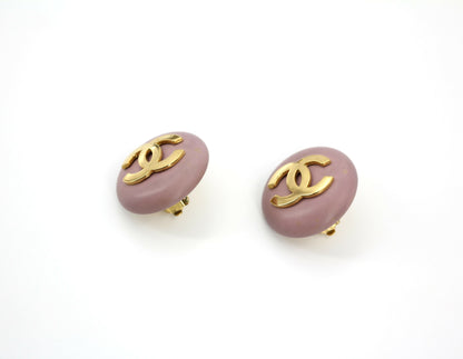 Chanel Vintage 87 Resin Purple Pink CC Logo Large Round Clip-on Earrings