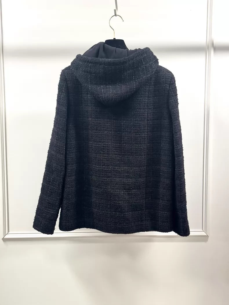 Chanel 25B black tweed hooded jacket