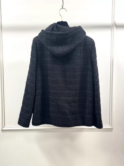 Chanel 25B black tweed hooded jacket