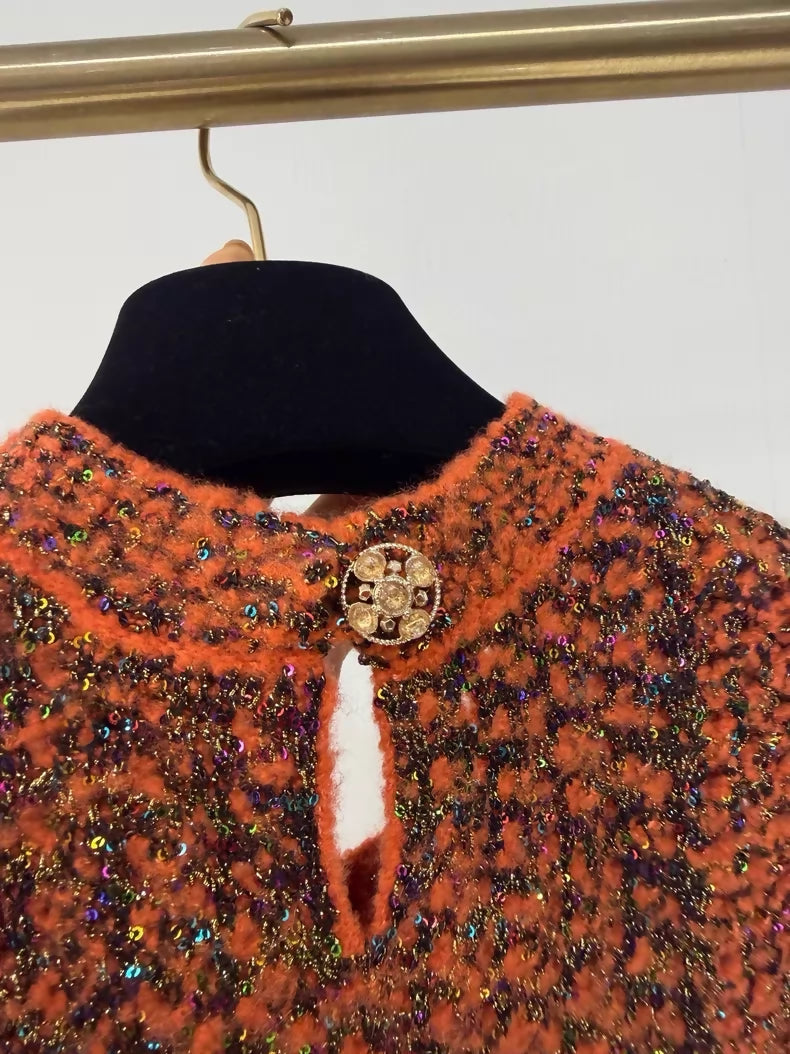 Chanel 24K black and orange shimmering knit dress with two pockets,