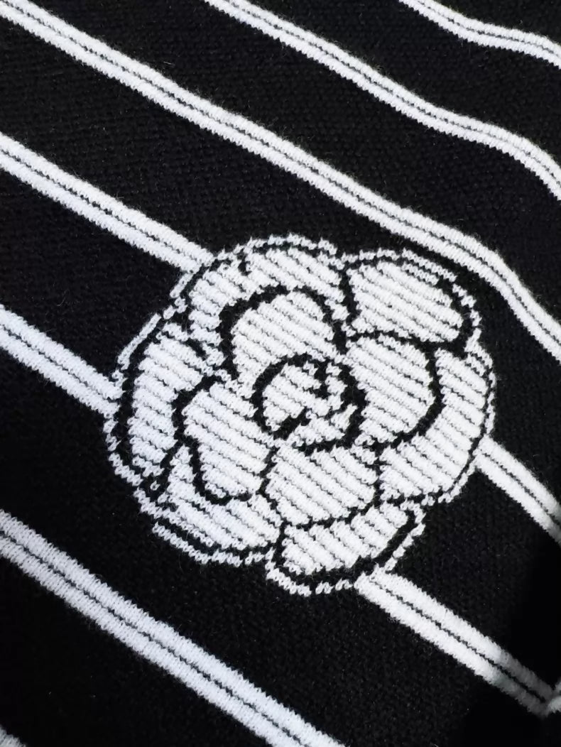 Chanel 23k black and white striped camellia double C logo knit shorts