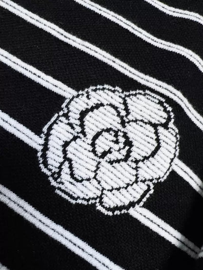 Chanel 23k black and white striped camellia double C logo knit shorts