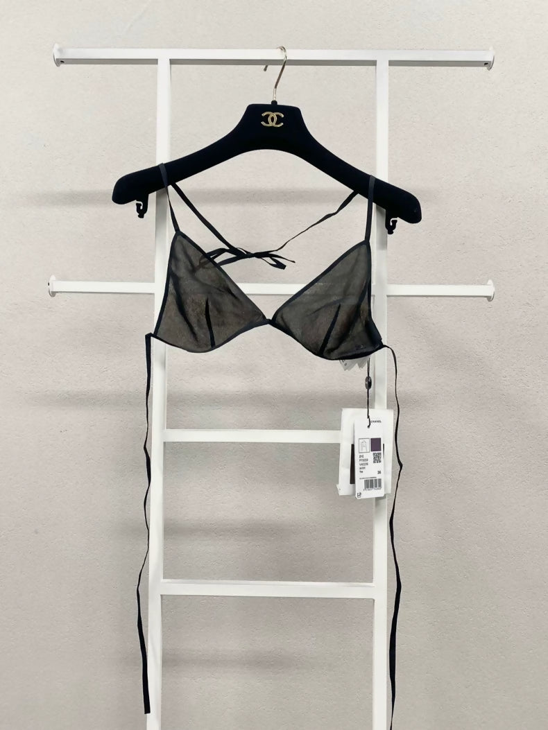 Chanel 21C bikini set in black mulberry silk and dark blue textured cotton bottoms