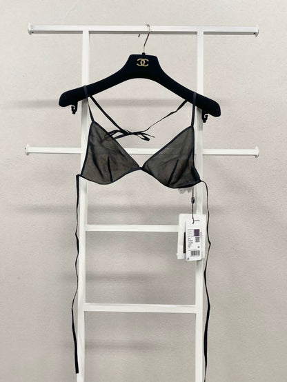 Chanel 21C bikini set in black mulberry silk and dark blue textured cotton bottoms