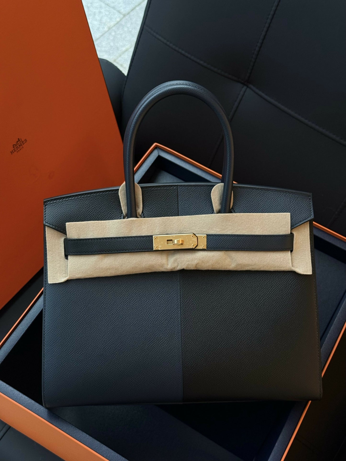 Hermès Birkin 30 Sellier Split Color Noir / Bleu Indigo Epsom Leather with Palladium Hardware  (Rare VIP Limited Edition)