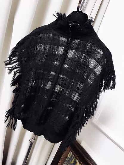 Dior black fringed plaid cape top