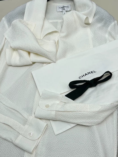 Chanel 26P off-white Double C Print Silk Ribbon Shirt