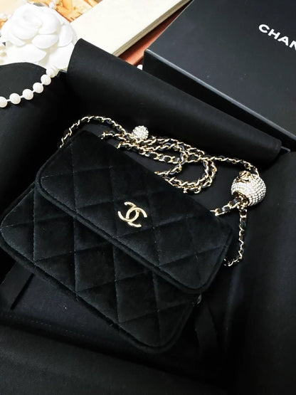 Chanel 20A Black Velvet Crossbody Bag with Gold Chain