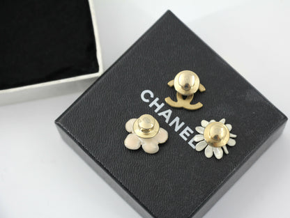 Chanel Vintage 10P Enamel Pink Camellia & Chrysanthemum & Pink CC Three-Piece Brooch