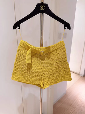 Chanel 25C Yellow Openwork Knit Shorts