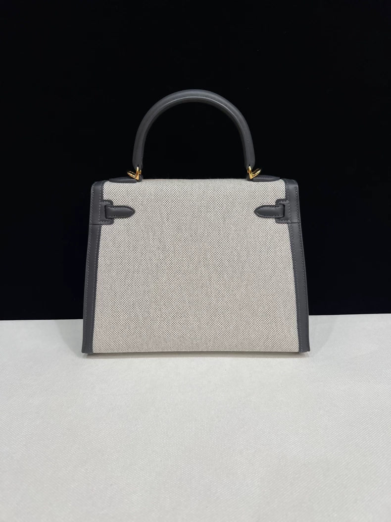 Hermes Kelly 25 Canvas/Grey swift leather gold hardware