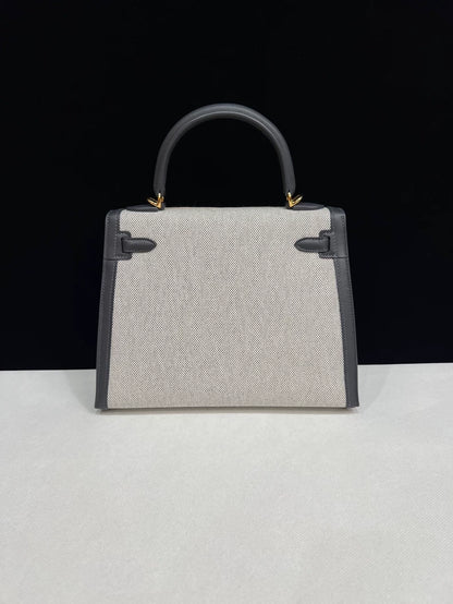 Hermes Kelly 25 Canvas/Grey swift leather gold hardware