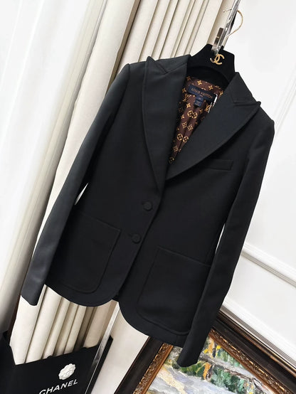Black Louis Vuitton (LV) suit jacket with brown monogram logo print all over