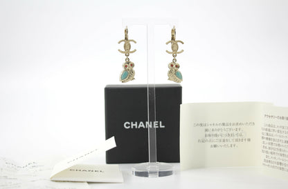 Chanel 18C Metal Owl CC Logo Pendant Earrings