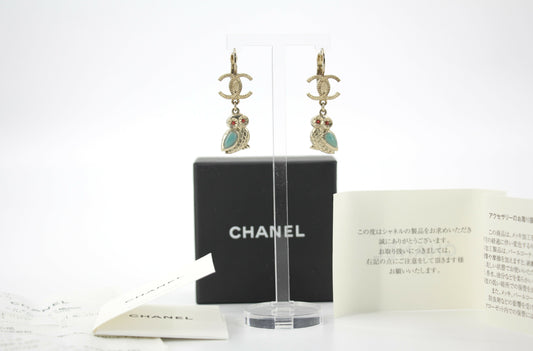 Chanel 18C Metal Owl CC Logo Pendant Earrings