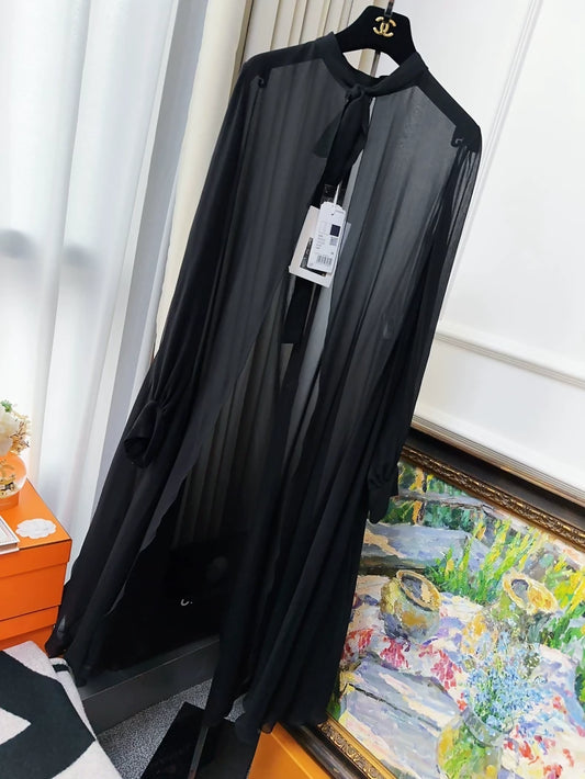 Chanel 20A black long silk cape coat