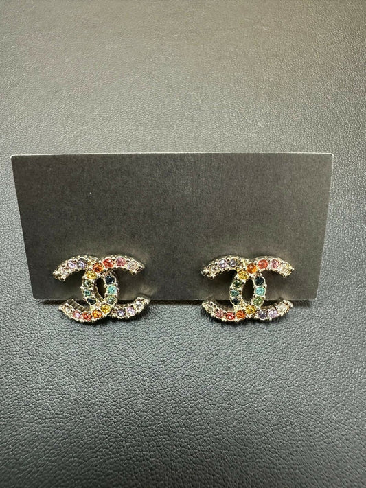 Chanel 2019 Rhinestone Multicoloured CC Stud Earrings