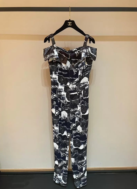 Chanel 2020 camellia letter graffiti satin patchwork off-shoulder jumpsuit