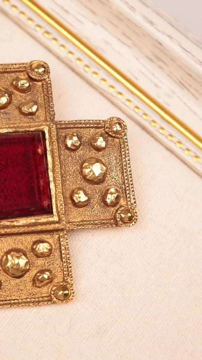 Chanel 1991 Red Glass Gold Cross Brooch