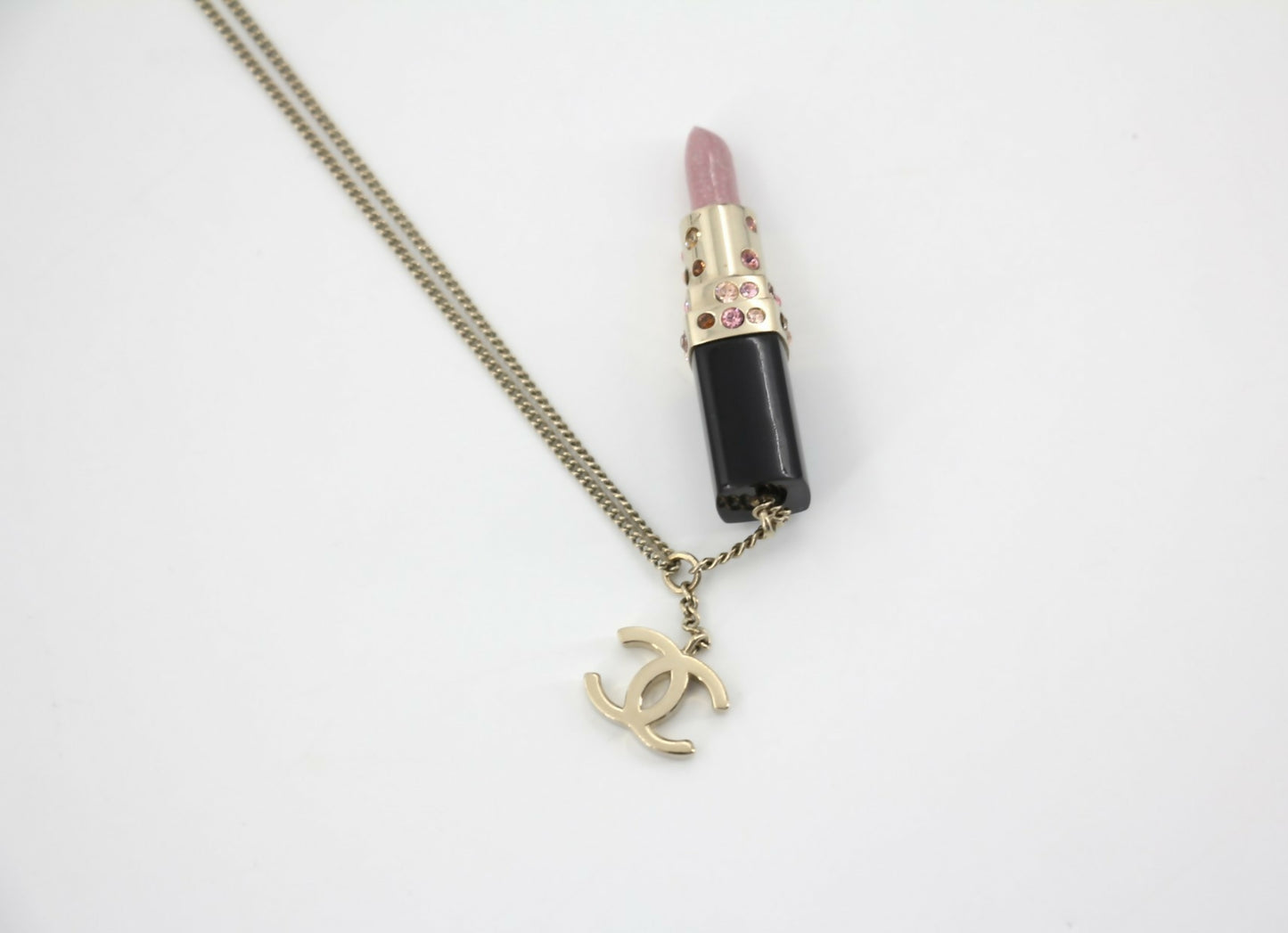 Chanel Vintage 08A Rhinestone Pink Lipstick Necklace