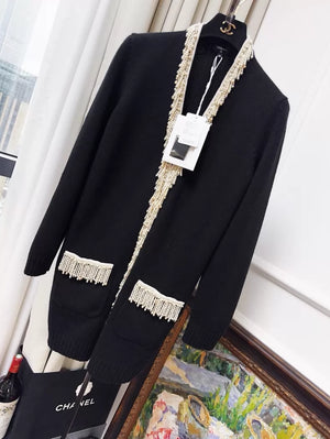 Chanel 21K pearl tassel and rhinestone black cashmere knit cardigan