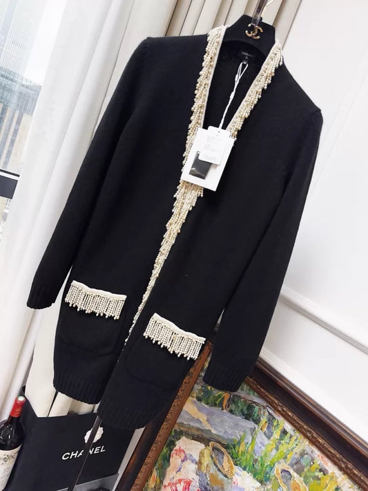 Chanel 21K pearl tassel and rhinestone black cashmere knit cardigan