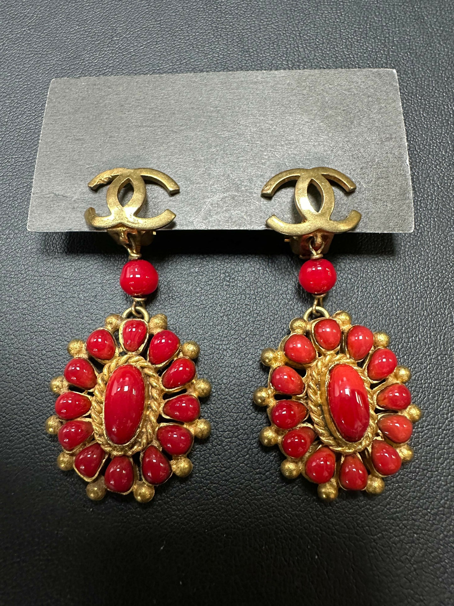 Chanel Vintage 93A Gripoix Gold-plated Red Dangle Clip-on Earrings