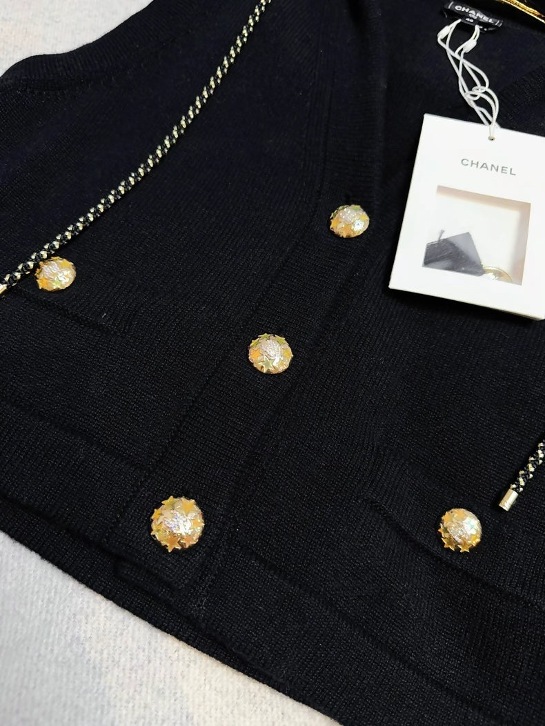 Chanel 24C Black & Gold Sequin Hooded Cashmere Vest Jacket