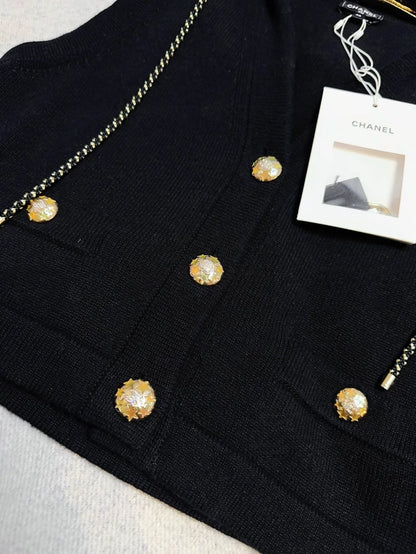 Chanel 24C Black & Gold Sequin Hooded Cashmere Vest Jacket