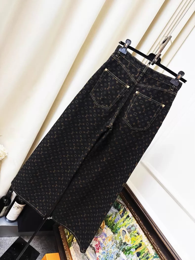 Louis Vuitton (LV) black and brown wide-leg jeans with all-over monogram print