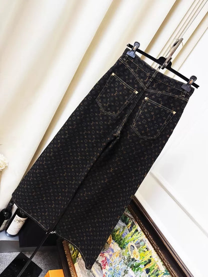 Louis Vuitton (LV) black and brown wide-leg jeans with all-over monogram print