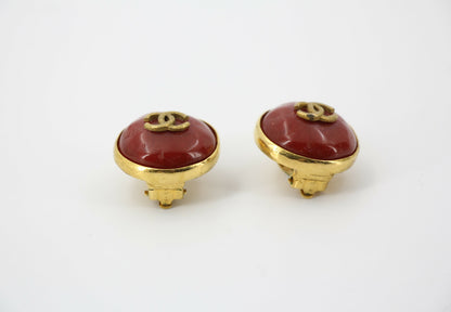 Chanel Vintage 98P Imitation Beeswax Red & Gold-Tone CC Clip-On Earrings