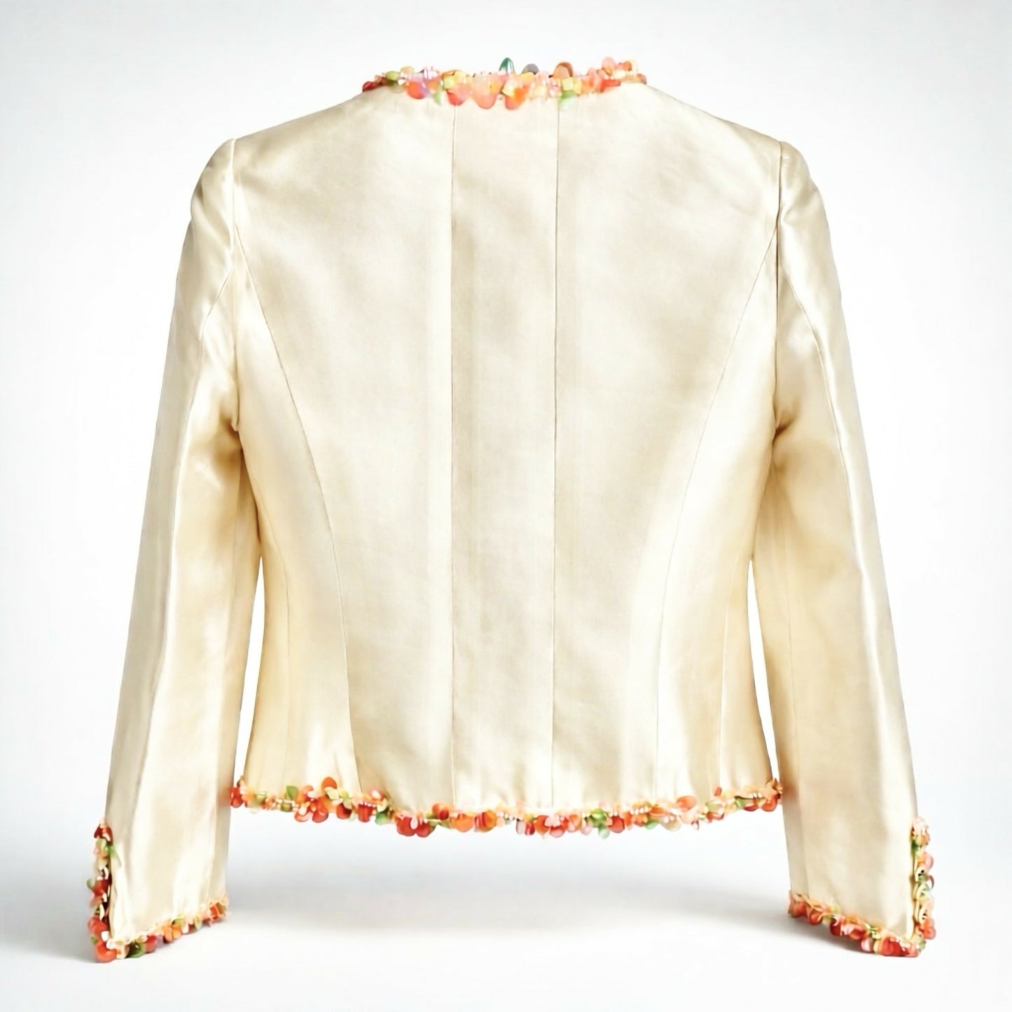 Vintage Chanel 96P Barbie Ivory Shantung Silk Sequin Beaded Pallets Jacket FR 42