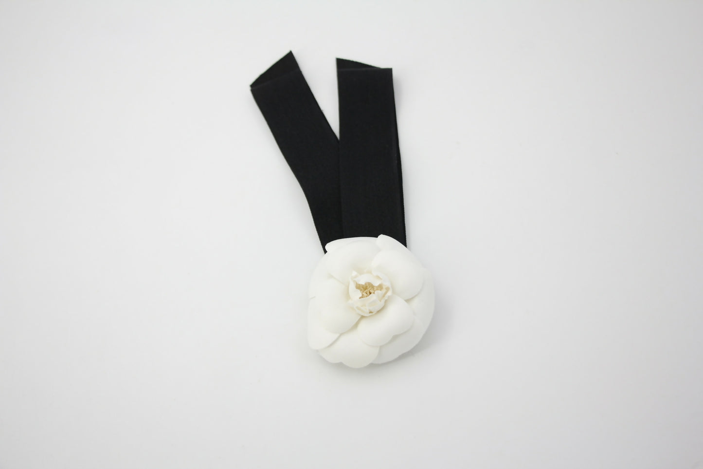 Chanel Vintage 81-85 Satin Fabric Black Camellia Ribbon Brooch