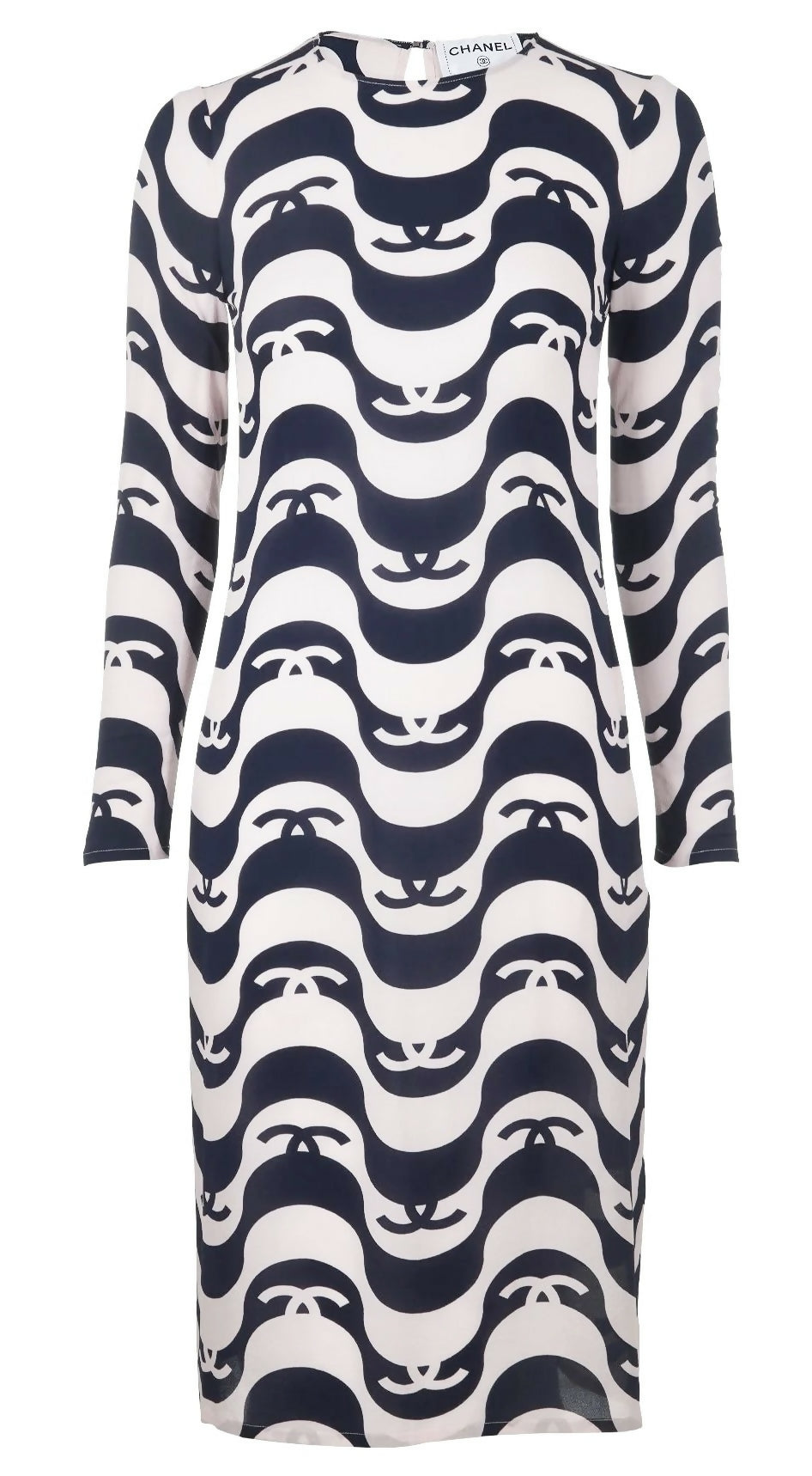 Epic Chanel 21P Ivory & Black CC Wave Silk Midi Dress FR 42