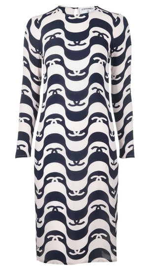Epic Chanel 21P Ivory & Black CC Wave Silk Midi Dress FR 42