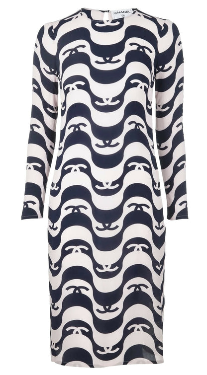 Epic Chanel 21P Ivory & Black CC Wave Silk Midi Dress FR 42