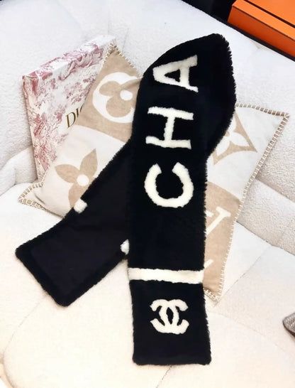 Chanel 22B Black and White Fur Scarf with Double C Logo