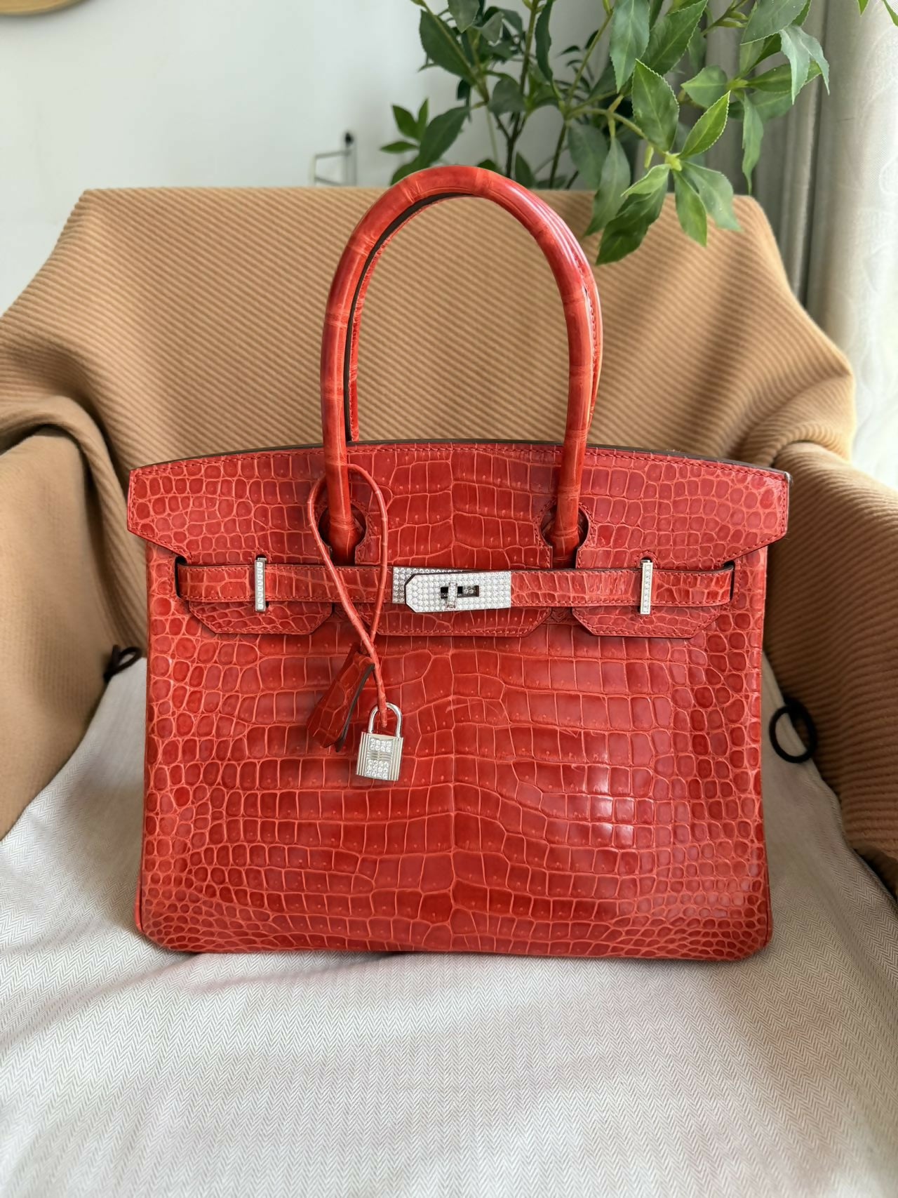 Hermes Birkin 35 Braise shiny croc white gold diamond hardware