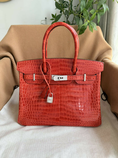 Hermes Birkin 35 Braise shiny croc white gold diamond hardware