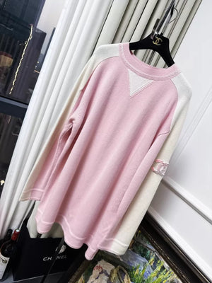 Chanel 24C pink and white cashmere knit dress with double C sequined logo badge