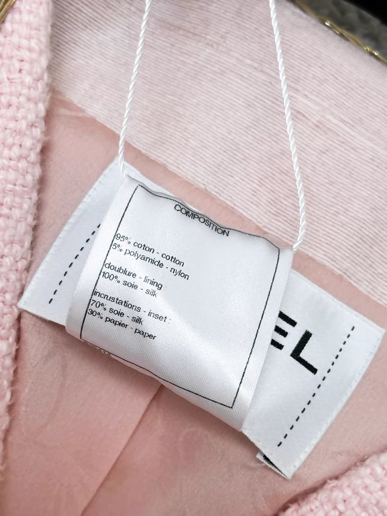 Chanel 16c pink satin lace-trimmed tweed jacket