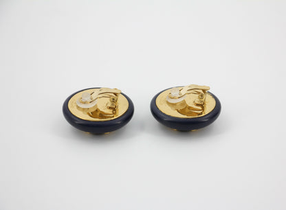 Chanel Vintage 87 Resin Navy Blue CC Logo Large Round Clip-on Earrings